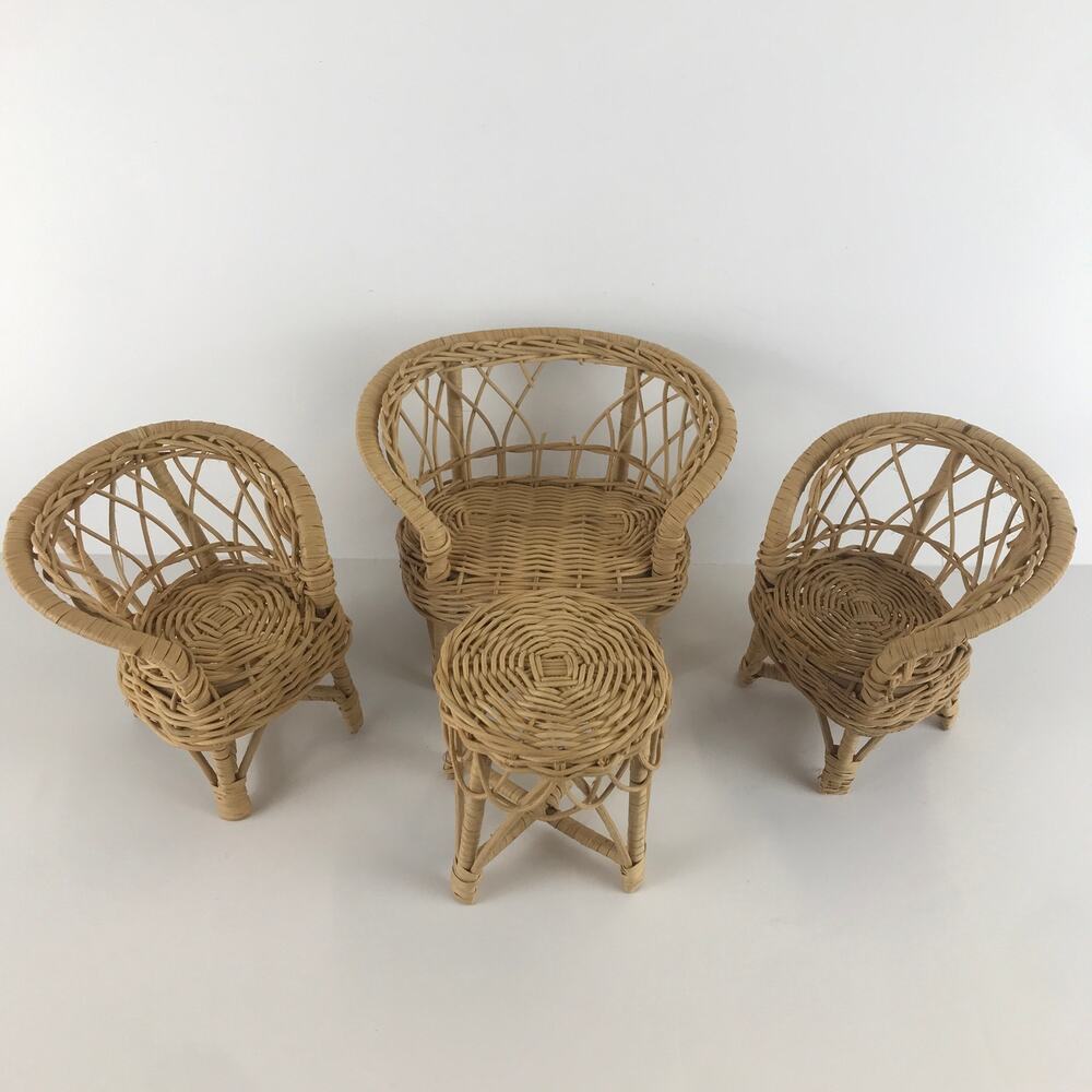 Vintage Fashion Doll Wicker Rattan Toy Furniture Set Loveseat Chair Table Mini